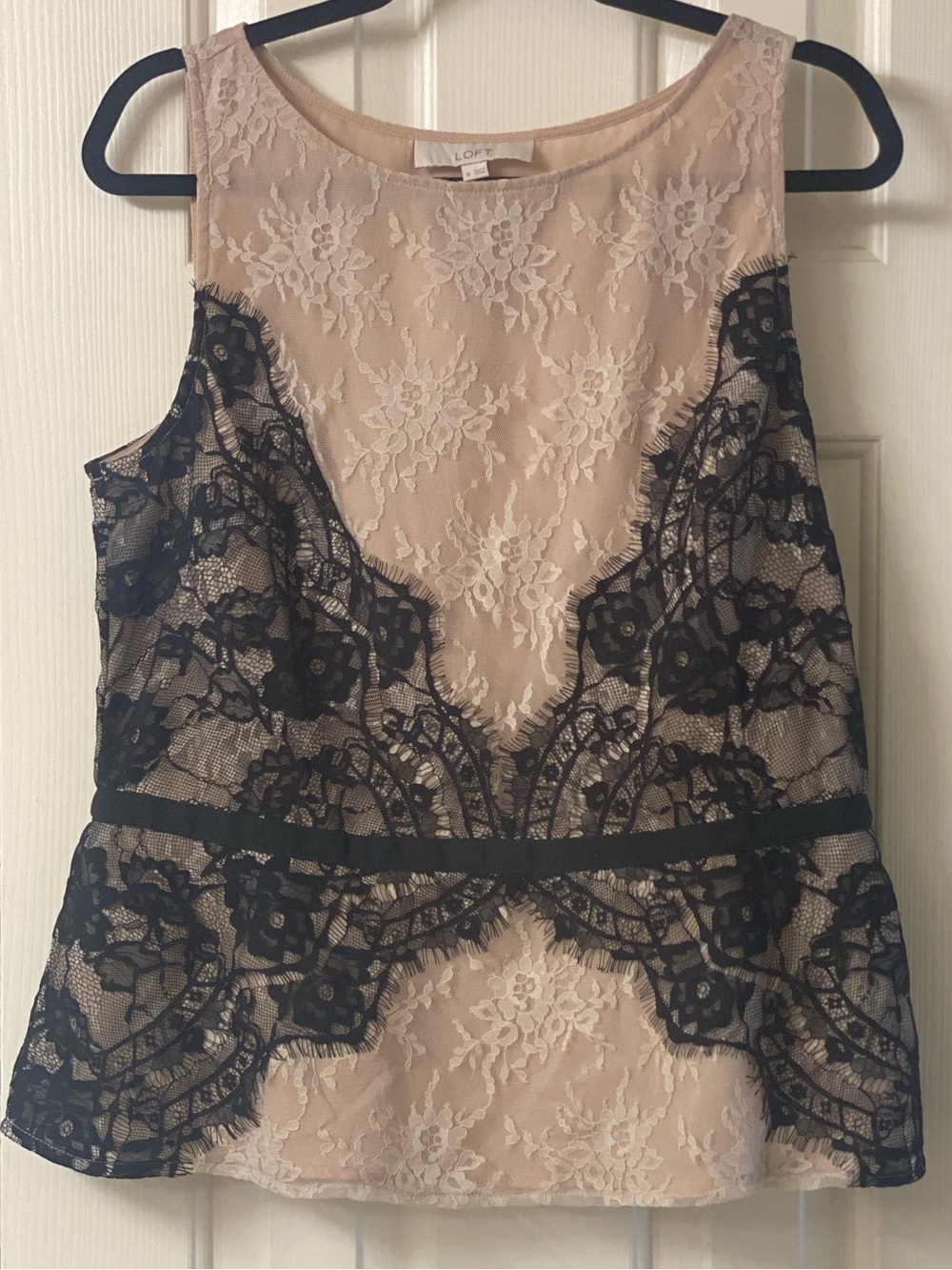 Ann Taylor LOFT Cream & Black Lace Overlay Sleeveless Peplum Top - Size 14  NWT